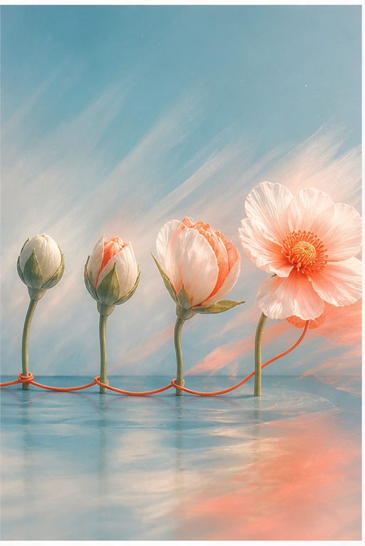Cuatro flores que muestran un crecimiento gradual hasta abrirse